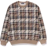 A BATHING APE LOGO CHECK PATTERN CREWNECK MENS-BEIGE